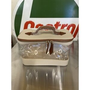 Henny & Lev Brown Camel Linen‎ Makeup Bag Tote With Clear Sides And Gold Zipper